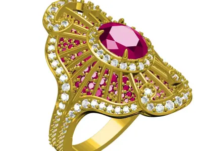 Red Ruby Round and Oval Cut Diamond Antique Cocktail Ring 3D print model