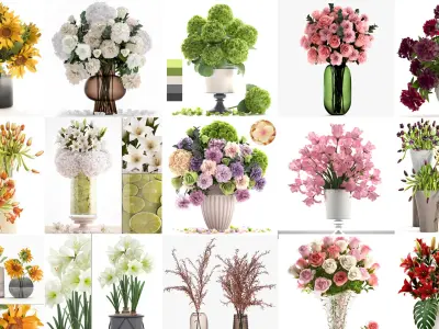 Collection of decorative bouquets of flowers in vases 39 pieces 3D model