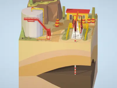 Isometric oil field extracting crude oil Low-poly 3D model