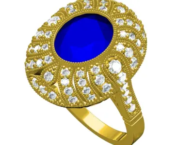 Vintage Blue Oval Diamond Antique Art Deco Engagement Ring 3D print model