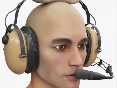 Aviation Pilot Headset on Male Head Desert Fur 3D model