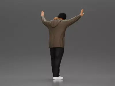 Man wearing hoodie and beanie raises hands looking happy 3D print model