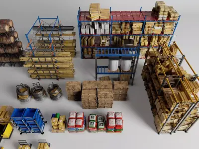 Warehouse Props Pack Pallets Barrels Crates Forklifts Racks Low-poly 3D model