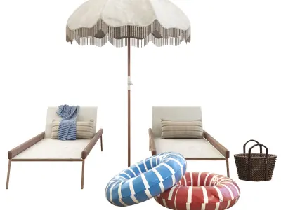 antique beach umbrella and huntington chaise 3D model