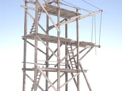Old wooden scaffolding with handle crane 3D model