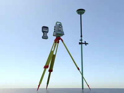 Tacheometer tripod with surveying device 3D model
