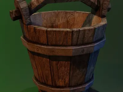 Wooden bucket with metal rings and contamination elements Low-poly 3D model