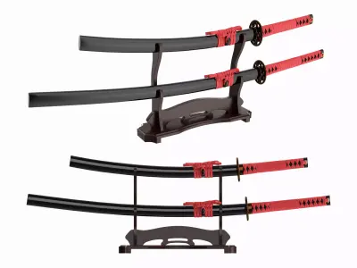 Japanese two sword Katana Wakizashi on a stand 3D model