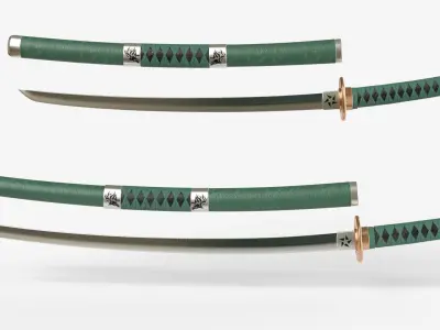 Green Double Bladed Katana Wakizashi and Stand 3D model