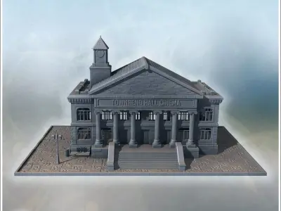 Historic cinema building with large columns clock tower and deco 3D print model
