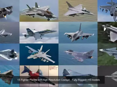 15 Fighter Planes with high Resolution Cockpit - Fully Rigged 3D Model Pack