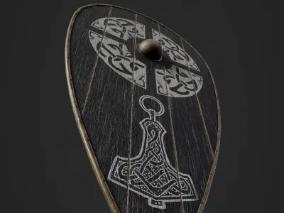 Slavic kite wooden shield-painted black with Thor symbol Low-poly 3D model