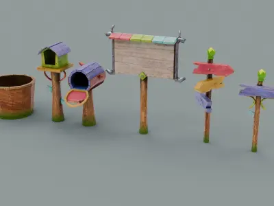 Farm Fence Set Low-poly 3D model