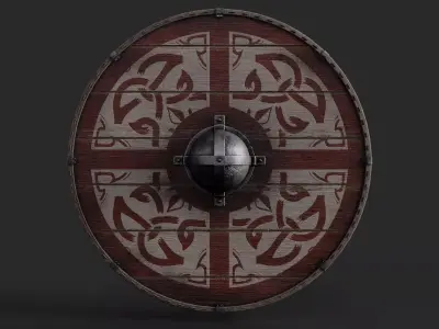 Slavic round wooden shield-painted red and white with  symbol Low-poly 3D model