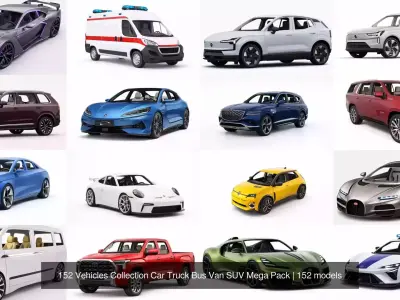 152 Vehicles Collection Car Truck Bus Van SUV Mega Pack