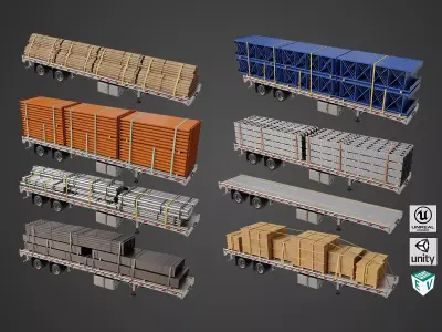 Flatbed Trailer with 7 Loads Single Mat All PBR Unity UE Low-poly 3D model