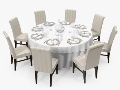 Round Dining Served Table with Chairs 3D model