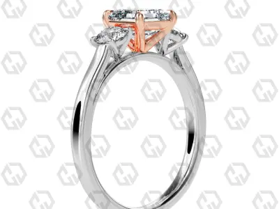 Ring 111 Asscher Shape Cathedral shank 3 stone ring with round 3D print model