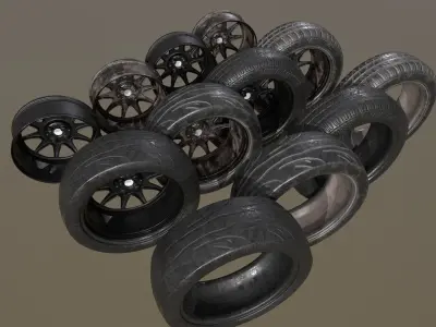 Clean and worn 2 tires and rim collection game ready Low-poly 3D model