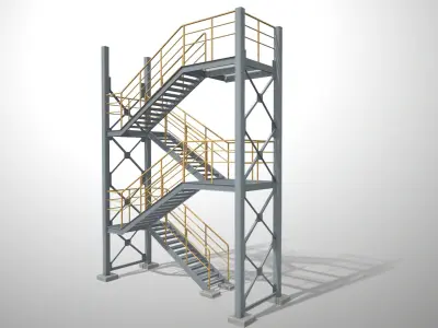 Fire Escape Stair PBR Unwraped Modular Two Levels 3D model