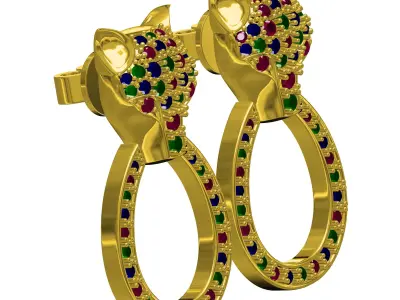 Antique Colorful Diamond Panther Face Earring 3D print model