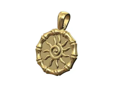 Sun scroll burst bamboo pattern pendant coin with bail 3D print model