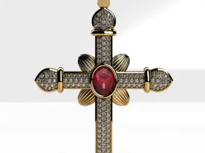 Antique style cross with ruby gem 3D print model