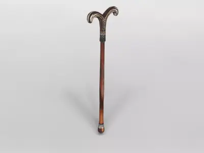 Elegant Wooden Walking Cane with Ornate Handle 3D model