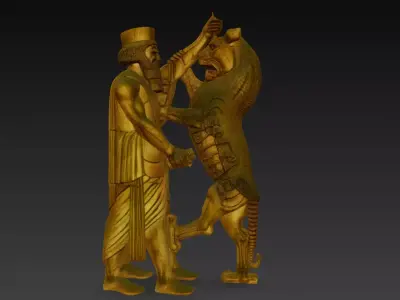 Ancient Persian Warrior and Lion - Mesopotamian Relief Sculpture 3D print model