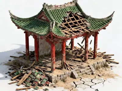 Ancient Ruined Chinese Pavilion 3D Model - Forgotten Shrine Low-poly 3D model