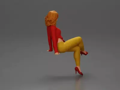 Stylish woman sitting confidently in red top yellow pants heels 3D print model