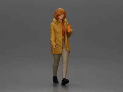 Woman walks sipping takeout drink wearing parka sweater leggings 3D print model