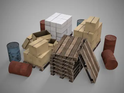 Set of different materials boxes  pallets  blocks barrels Low-poly 3D model