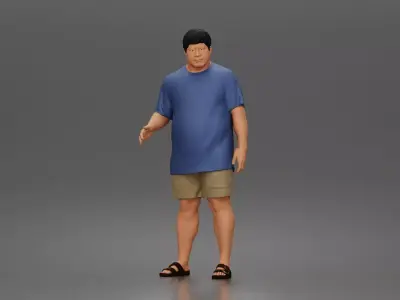 asian man character walking pose in tshirt shorts sandals outfit 3D print model