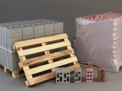 Set of bricks of different sizes and materials Low-poly 3D model