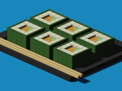 Sushi on tray with chopsticks Low-poly 3D model