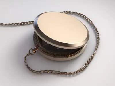 An intricate gold antique pocket watch attached to a chain 3D model