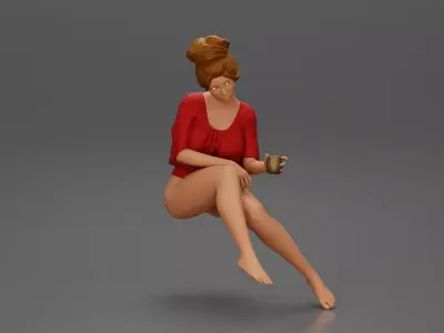 Relaxed girl in red sipping coffee enjoying a peaceful moment 3D print model
