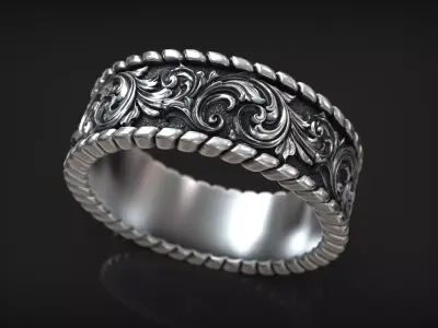 Ornamental Floral Relief Band Vintage Baroque Scroll Ring 3D print model