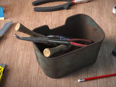 Old Hand Tool Set in Rusty Metal Tray 3D model