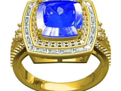 Antique Blue Sapphire Cushion Stone Double Halo Engagement Ring 3D print model