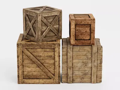 Wooden Crates Set V3 - 4 Weathered Storage Boxes 3D model
