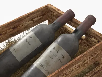 Rustic Wine Case with Two Old Bottle Bordeaux and Hay 3D model