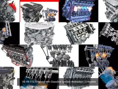 V6 V8 V12 Engines with Gasoline Ignition Animation 3D Model Pack