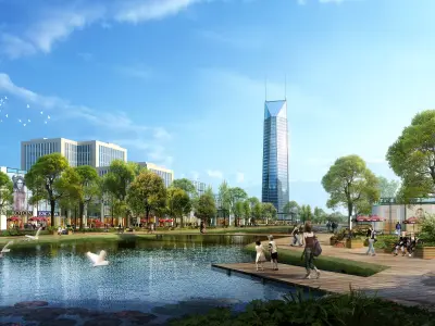 Architecture city with trees and pond 3D model