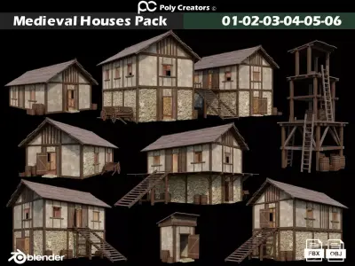 Medieval Houses Pack 01-02-03-04-05-06 - 4K Textures Game Ready Low-poly 3D model
