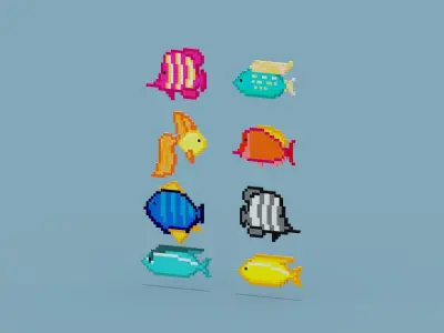Pixel Fish Collection Low-poly 3D model