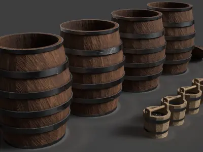 Barrels And Buckets  Free low-poly 3D model