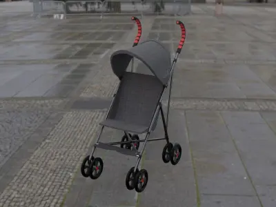 Stroller with wheels and umbrella Low-poly 3D model