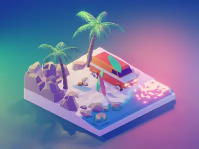 beach low poly model render in blender Low-poly 3D model